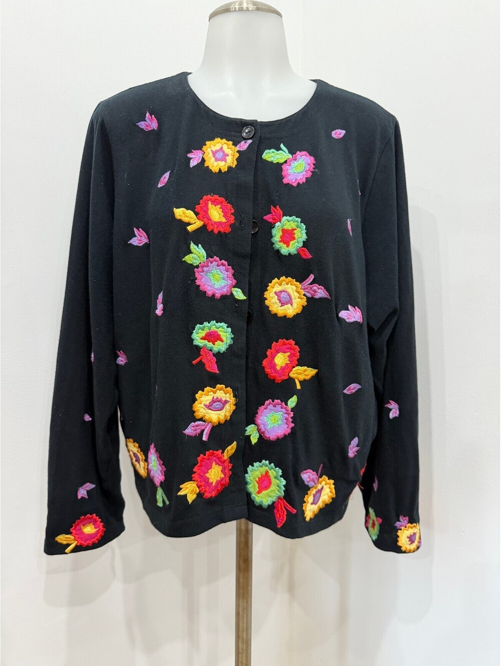 Michael Simon Lite Black Cotton Cardigan with Colorful Floral Embroidery XL